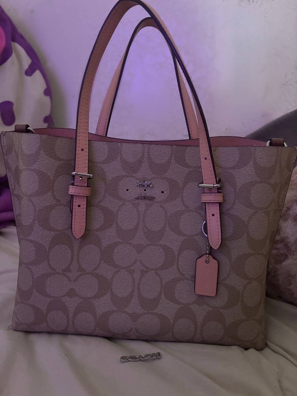 Coach Beige Signature Tote with Pink Trim